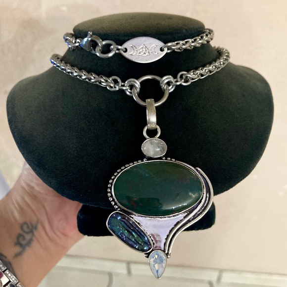 925 sterling silver overlay heliotrope moonstone opalite & pearl boho necklace - Picture 4 of 14